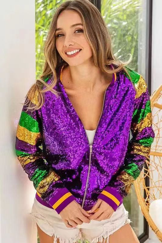 Sparkly Long Sleeve Trendy Party Club Mardi Gras Zipper Jacket
