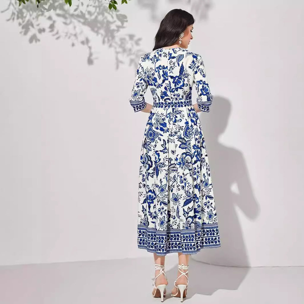 Blue V-neck Half Sleeves Floral Maxi Dress