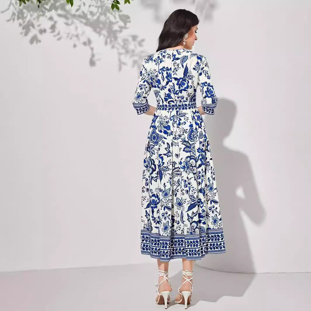 Blue V-neck Half Sleeves Floral Maxi Dress