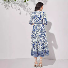 Load image into Gallery viewer, Blue V-neck Half Sleeves Floral Maxi Dress
