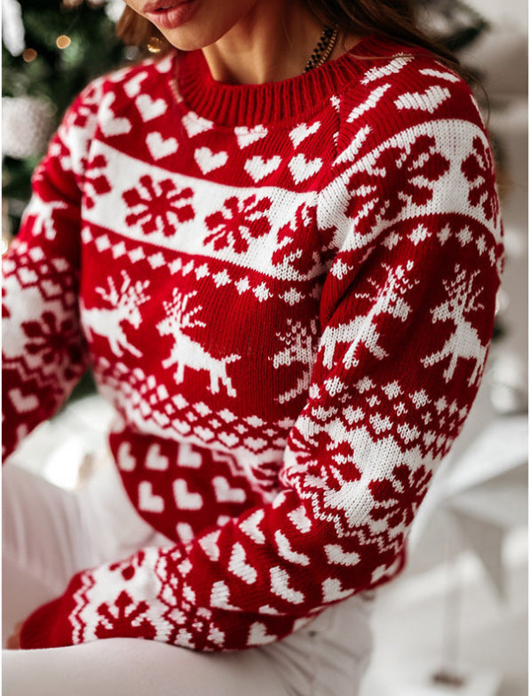 Christmas Elk Snowflake Heart Long Sleeves Knitted Sweater