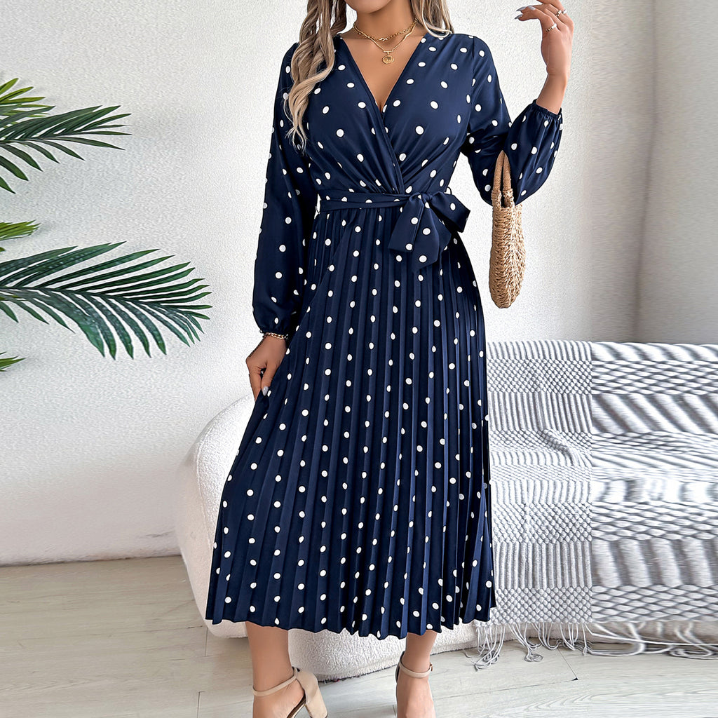 Classic V-neck Long Sleeves Polka Dots Print Midi Dress