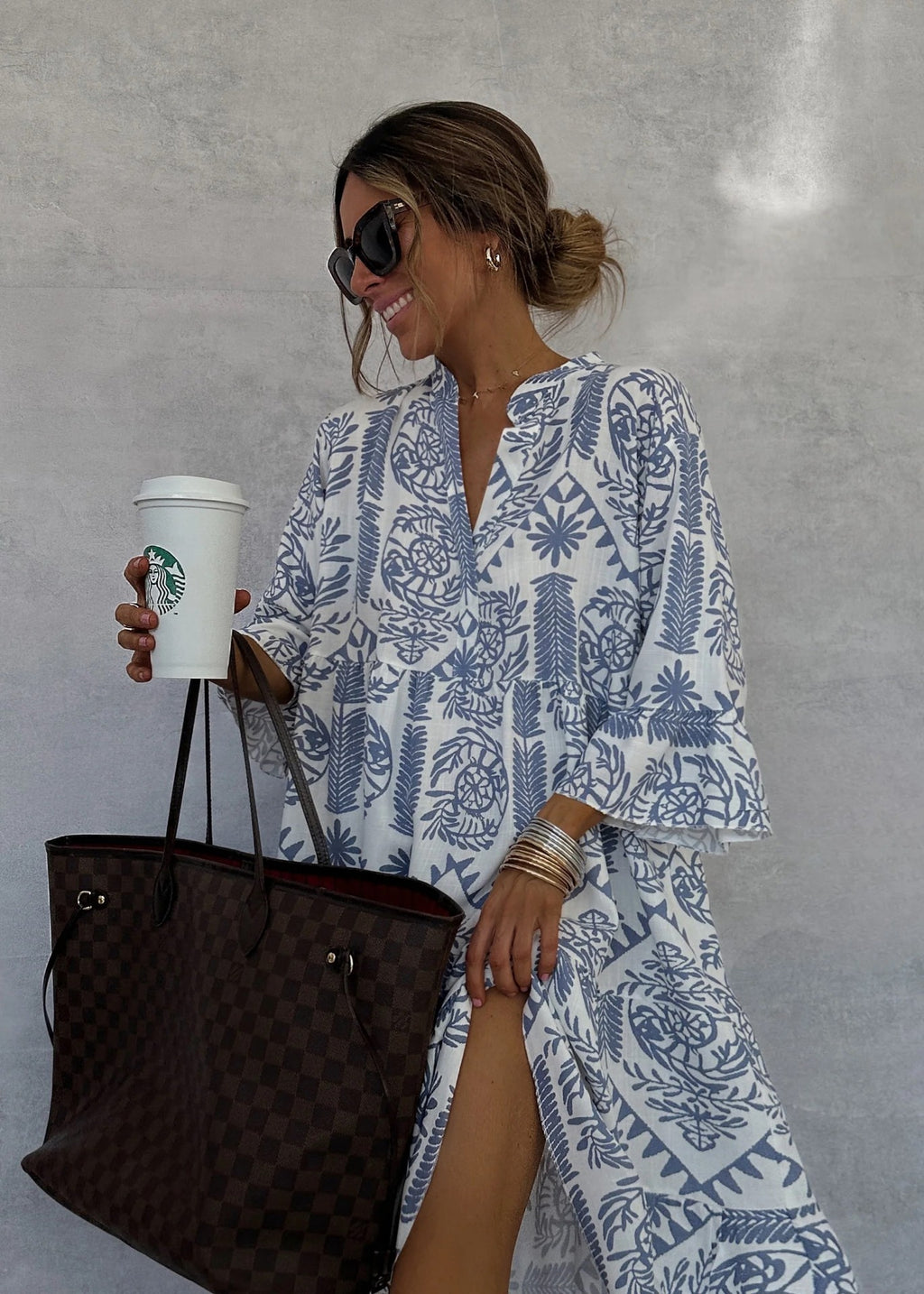 Boho Printed V-neck Bell Sleeves Tiered Loose Mini Dress