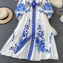 Load image into Gallery viewer, White Blue Floral Print Long Sleeves Buttons Down Maxi Dress
