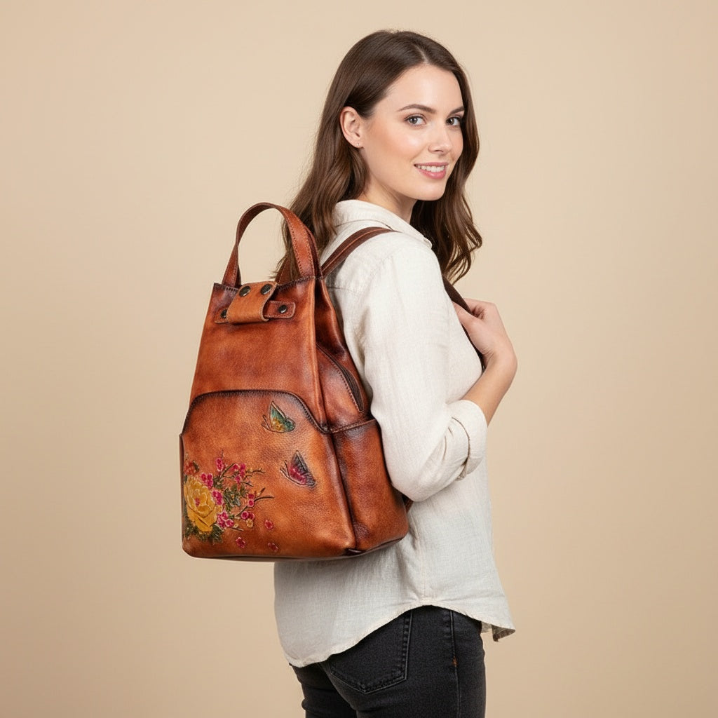 Floral Butterfly Embossed Leather Handbag  Women Backpack