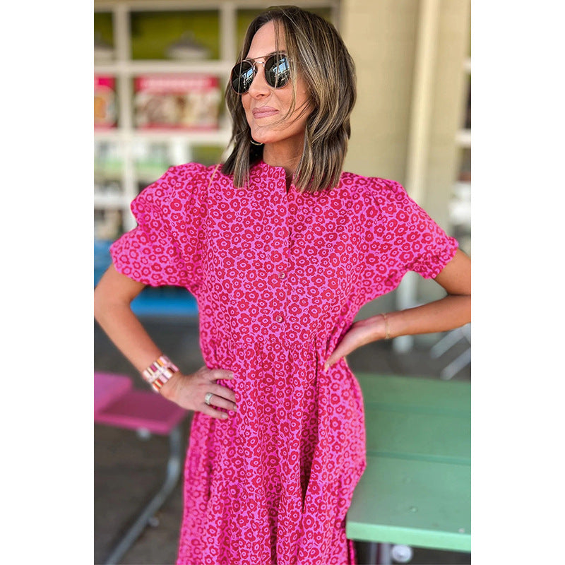 Hot Pink Floral Mock Neck Puff Sleeve Tiered Midi Dress