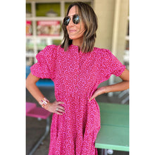 Load image into Gallery viewer, Hot Pink Floral Mock Neck Puff Sleeve Tiered Midi Dress
