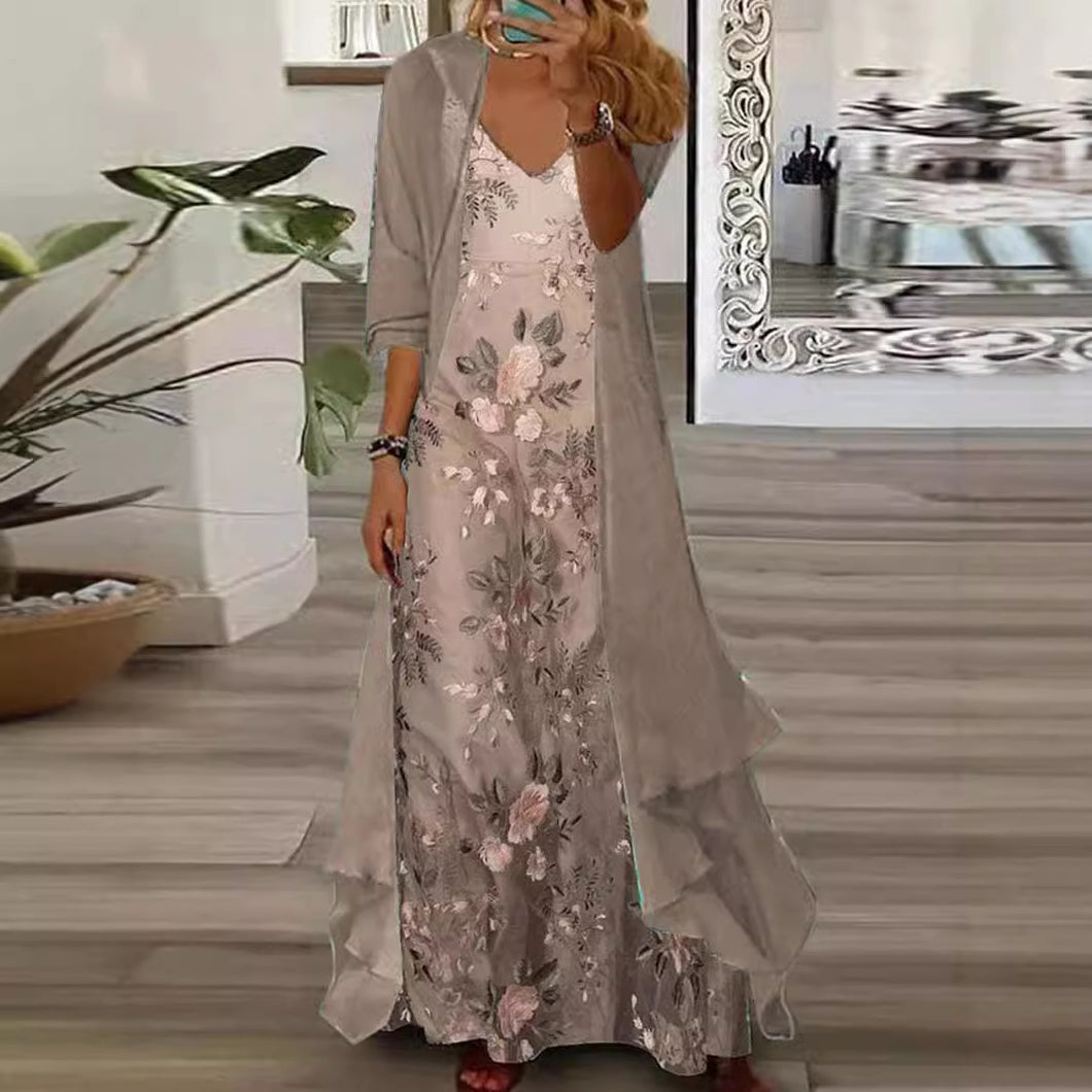 Pink Floral Emboridery Midi Dress with Chiffon Outwear Two-Piece Dress
