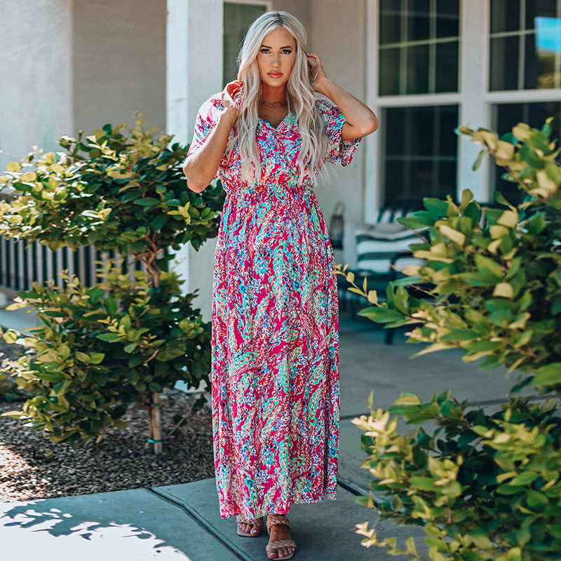 Wrap V Neck Floral Maxi Dress