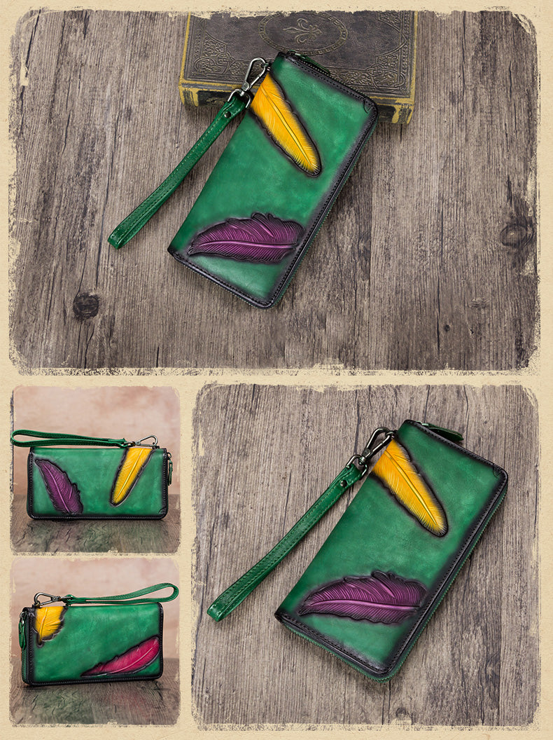 Women's Wallet Genuine Leather Zip Around Wristlet Long Purse Unique Embossed Handmade Clutch