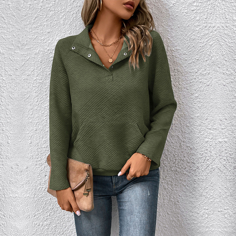 Long Sleeve Collared Neck Textured Cross Knit Sweatshirt with Pockets