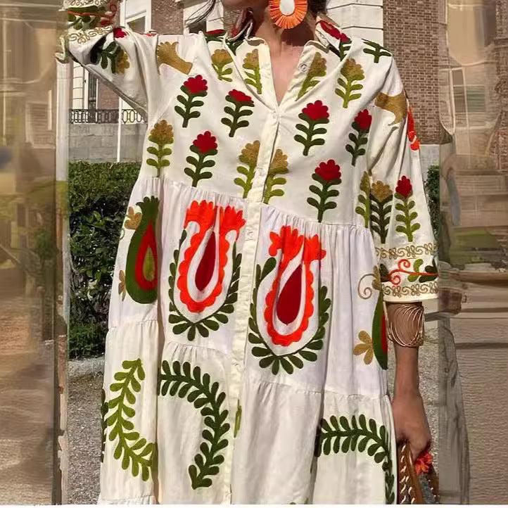 Botanical Print Lapel Ruffled Resort Maxi Dress