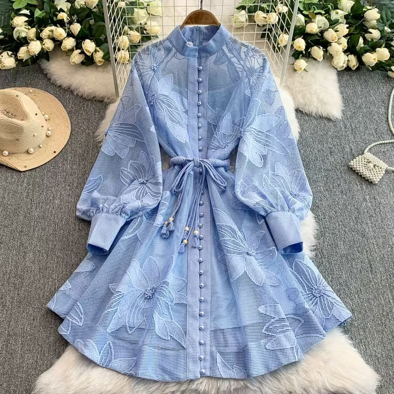 Elegant Hollow Out Lantern Long Sleeve Embroidery Mini Dress