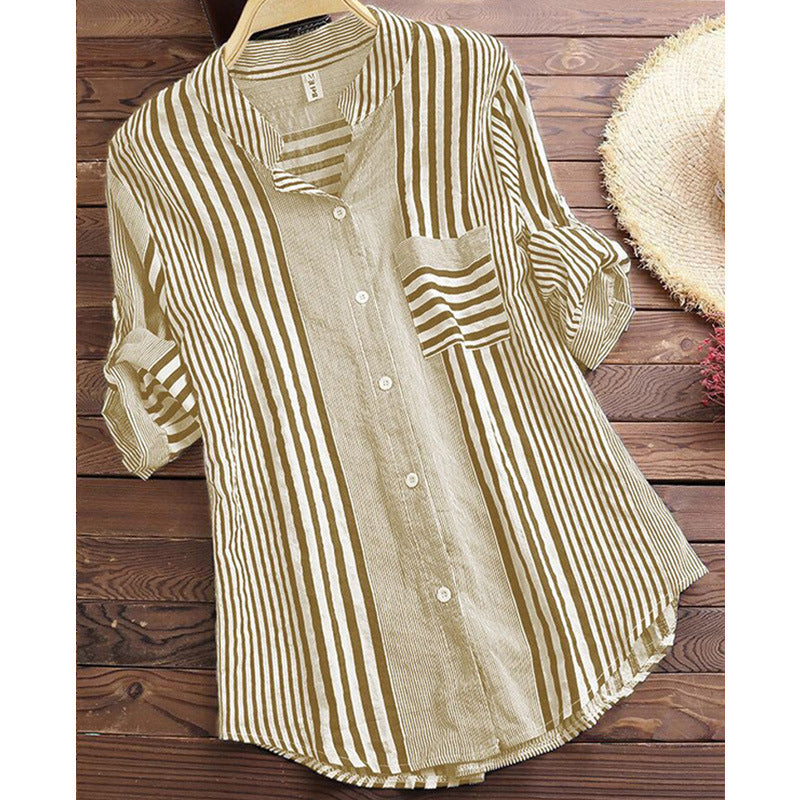 Classic 3/4 Sleeve Striped Button Up Shirt