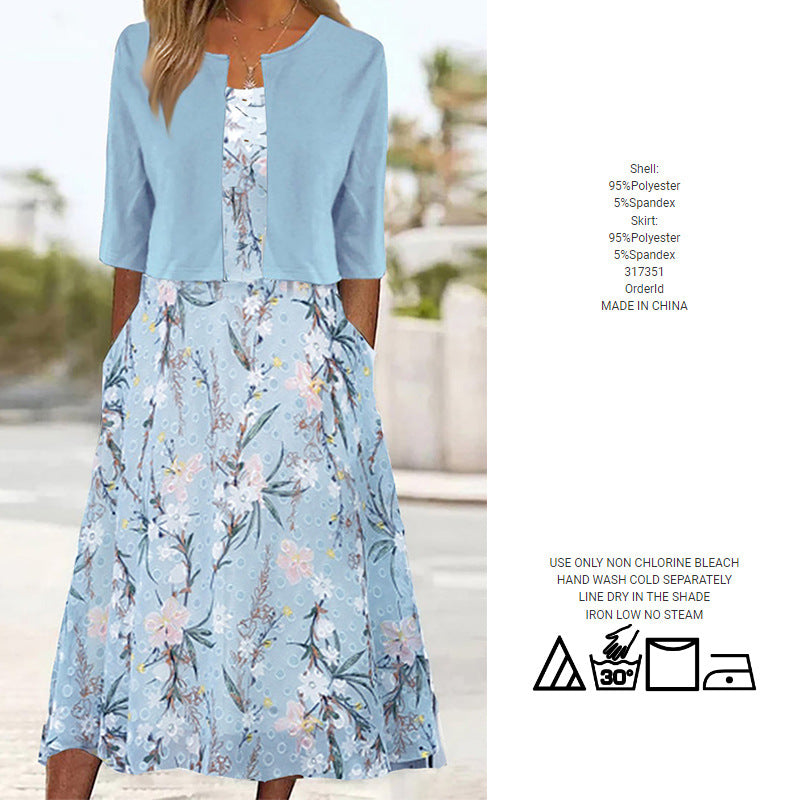 Blue Floral Dress With Open Front Jacket Two Piece Dress