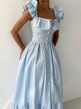 Load image into Gallery viewer, Striped Flutter Sleeves Single Buttons Down Breasted Midi Dress
