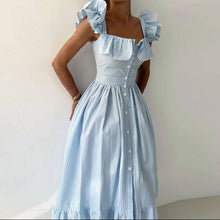 Load image into Gallery viewer, Striped Flutter Sleeves Single Buttons Down Breasted Midi Dress
