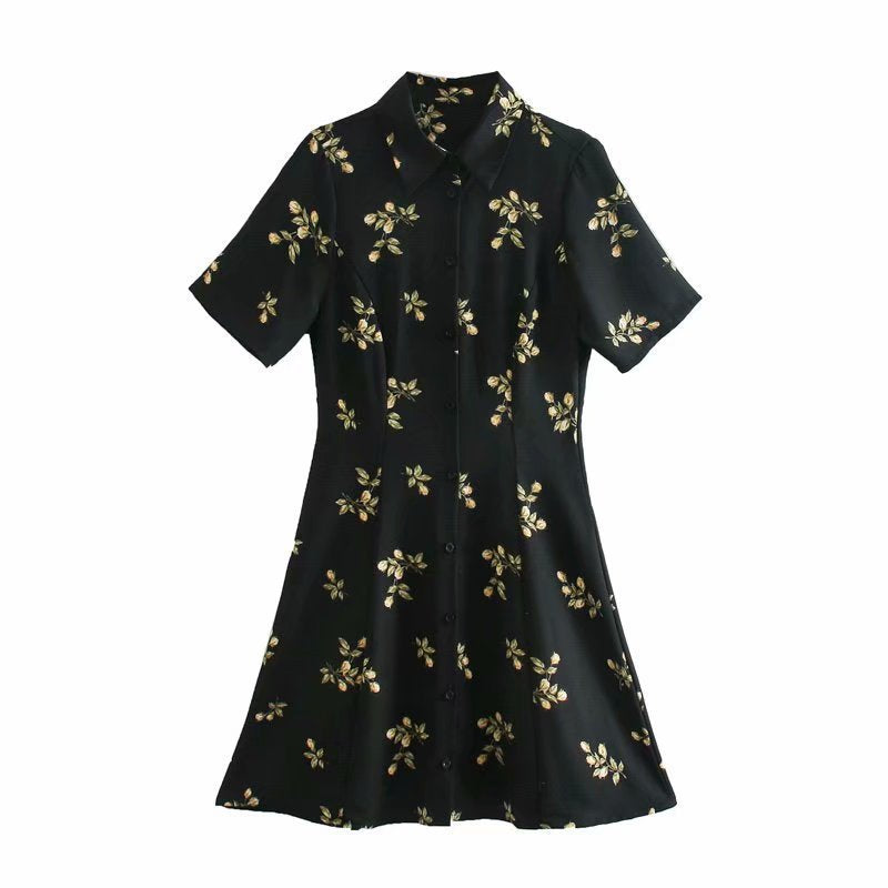 Black Collar Floral Buttons Down Mini Dress