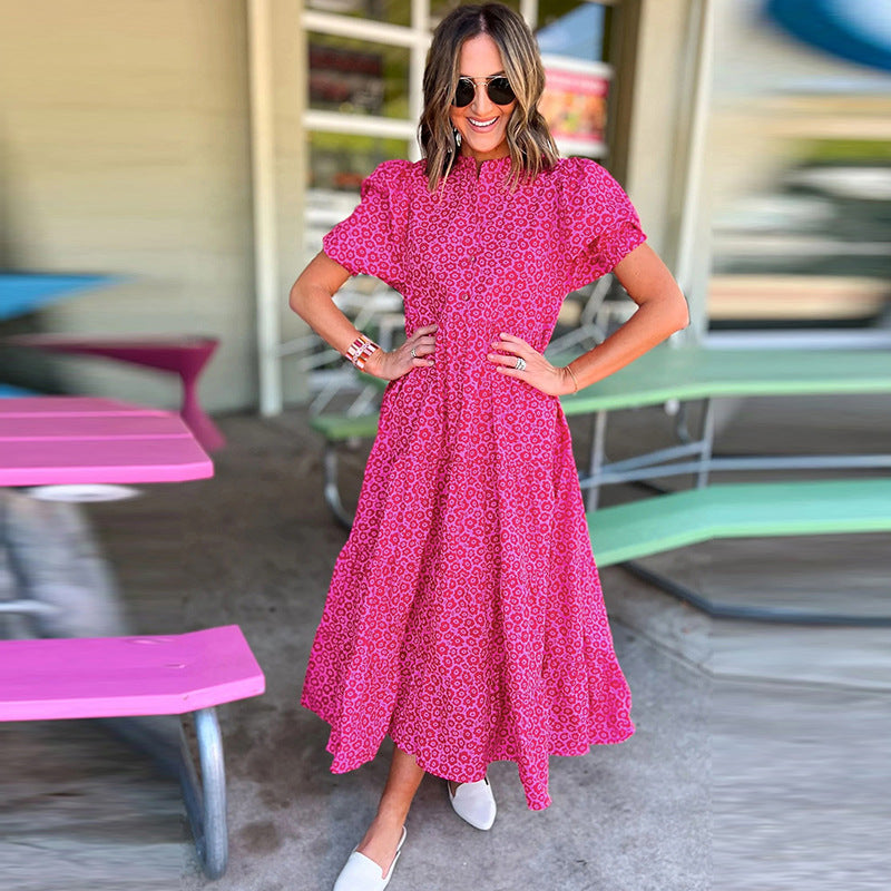 Hot Pink Floral Mock Neck Puff Sleeve Tiered Midi Dress