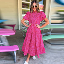 Load image into Gallery viewer, Hot Pink Floral Mock Neck Puff Sleeve Tiered Midi Dress
