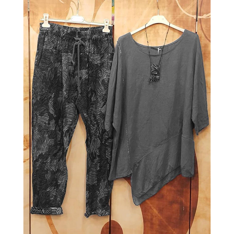 Casual Printing Irregular top with Camouflage print Pants Two Piece Suit