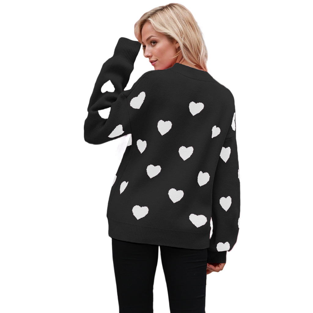 Heart Pattern Lantern Sleeve Round Neck Sweater