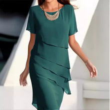 Load image into Gallery viewer, Navy Round Neck Short Sleeves Tiered Mini Dress
