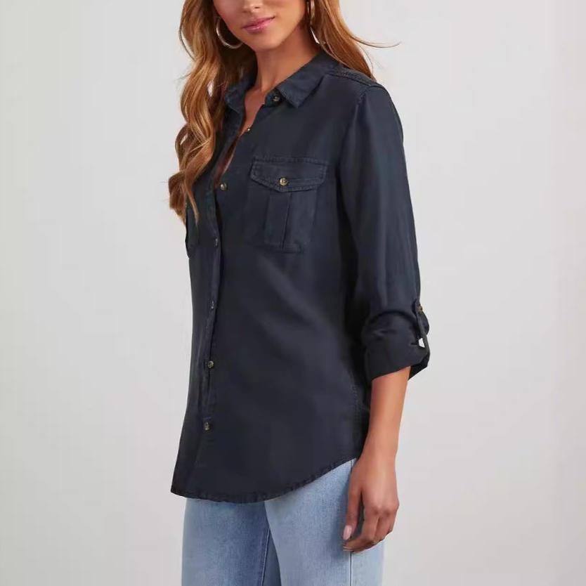 Simple Lapel Single-Breasted Long Sleeve Denim Shirt