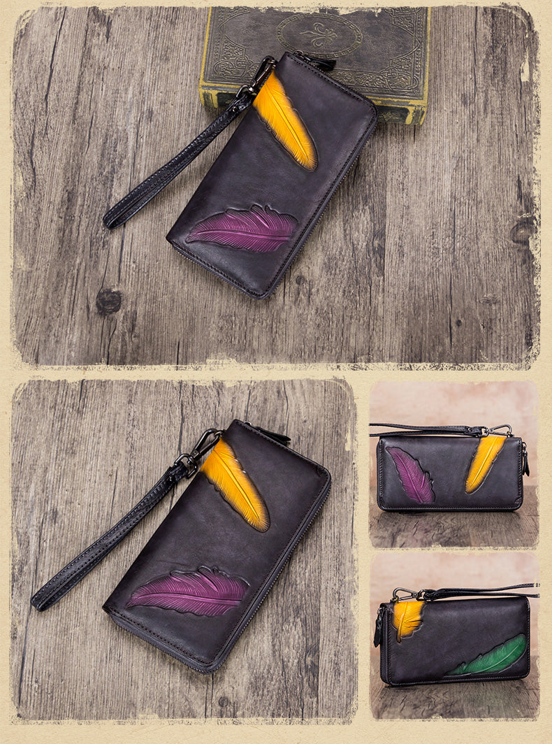 Women's Wallet Genuine Leather Zip Around Wristlet Long Purse Unique Embossed Handmade Clutch