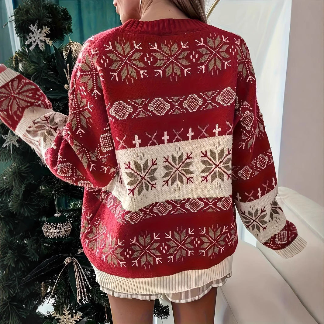 Christmas Snowflake Geometric Pattern Dropped Shoulder Oversize Sweater