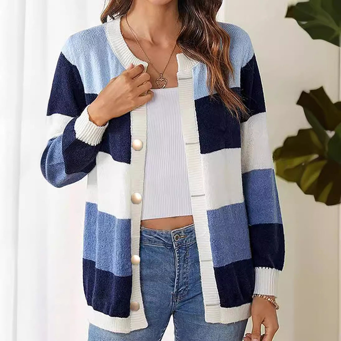 Multicolor Striped Long Sleeve Buttons Cardigan