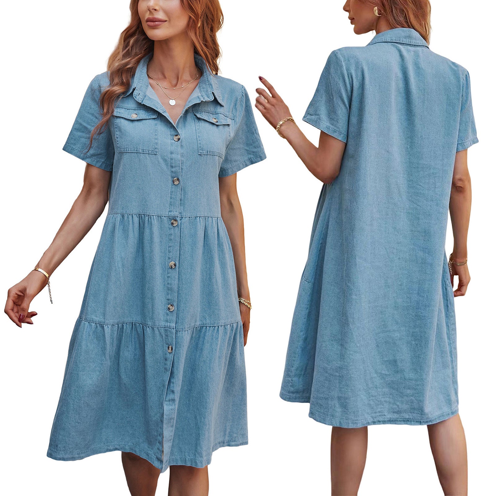 Collar Buttons Down Tiered Midi Denim Dress