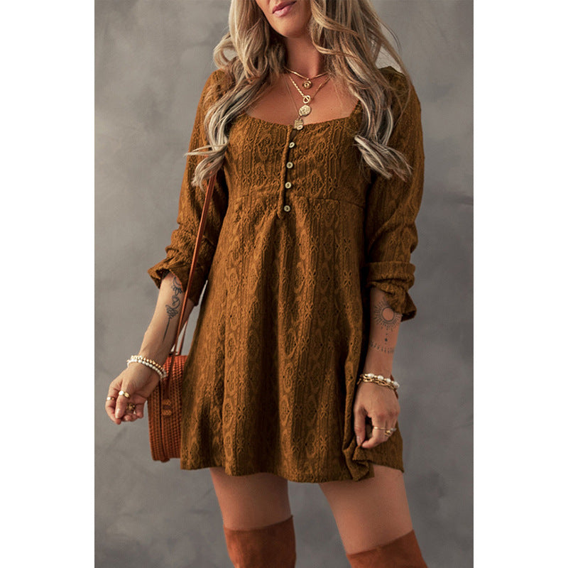 Chestnut Lace Crochet Buttoned Square Neck Shift Mini Dress