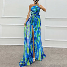 Load image into Gallery viewer, Stylish One Shoulder Print Feather Split Front Maxi Dress
