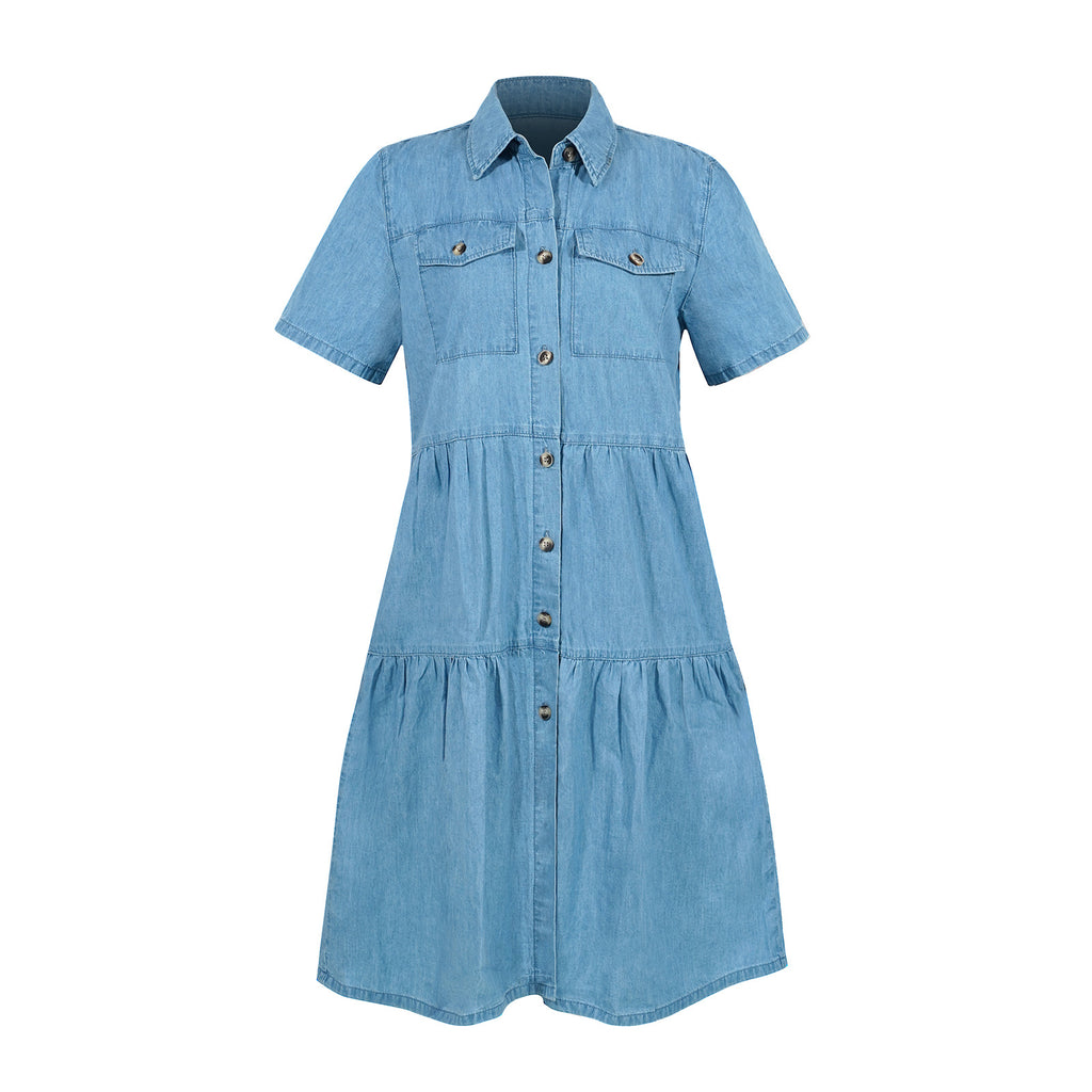 Collar Buttons Down Tiered Midi Denim Dress