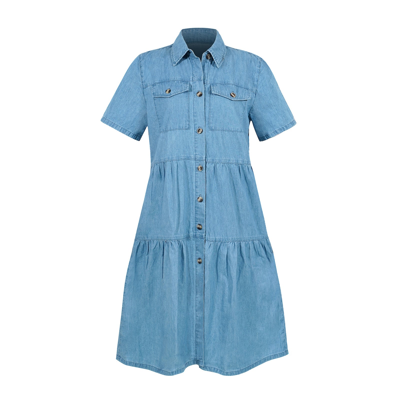 Collar Buttons Down Tiered Midi Denim Dress
