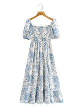 Load image into Gallery viewer, Light Blue Floral Print Short Sleeve Smocked Midi Dress
