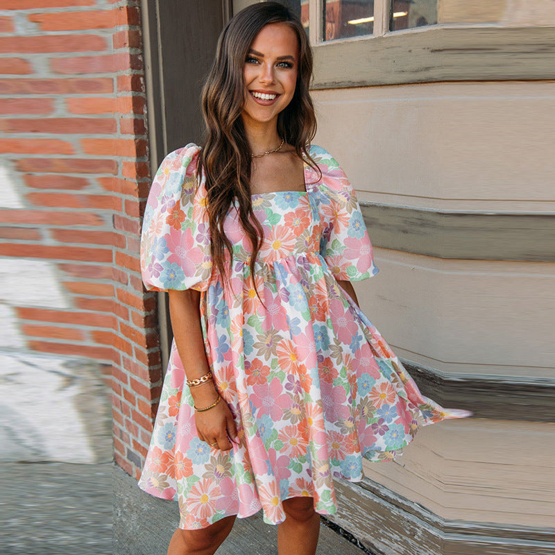 Floral Square Neck Short Puff Sleeve Babydoll Dress