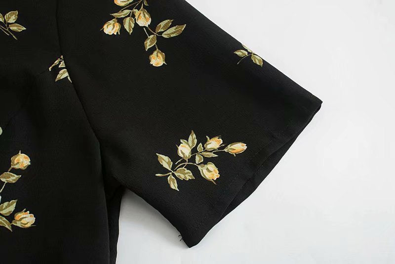 Black Collar Floral Buttons Down Mini Dress