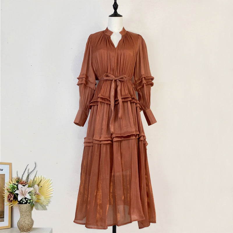 Elegant Lantern Long Sleeves V-Neck Pleated Tiered Maxi Dress