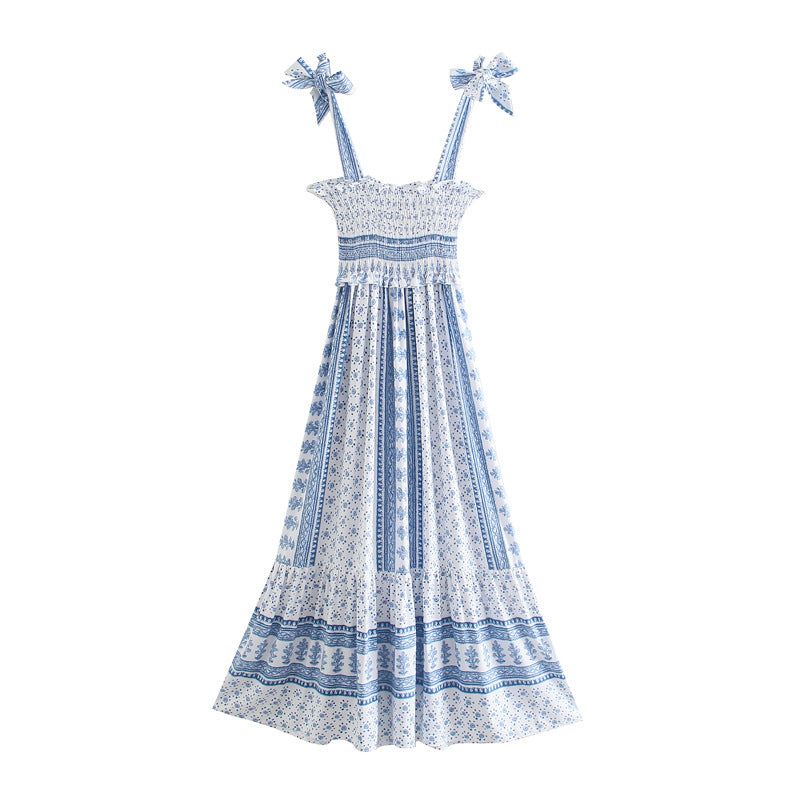 Blue Straps Printed Smocked Midi Dress