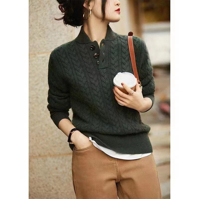 Retro Solid Color Cable Knitted Sweater