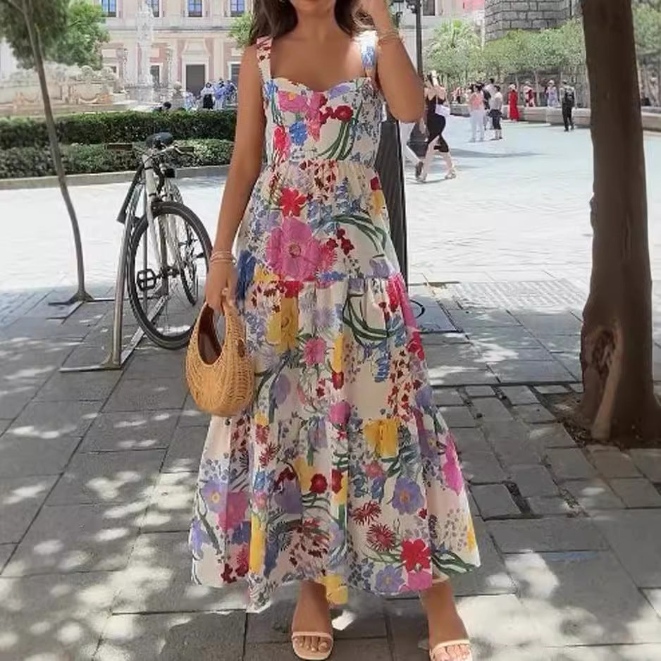 Casual Floral Print Straps Midi Dress