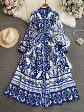 Load image into Gallery viewer, Retro Long Sleeve Buttons Down  Print Maxi Dress
