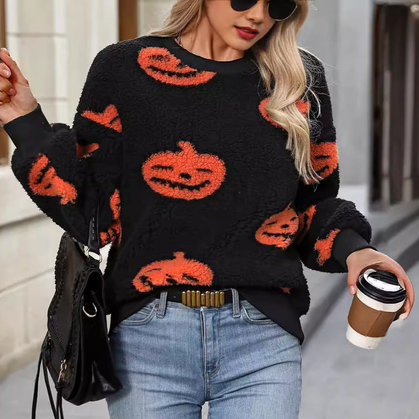 Fuzzy Pumpkin Round Neck Dropped Shoulder Top