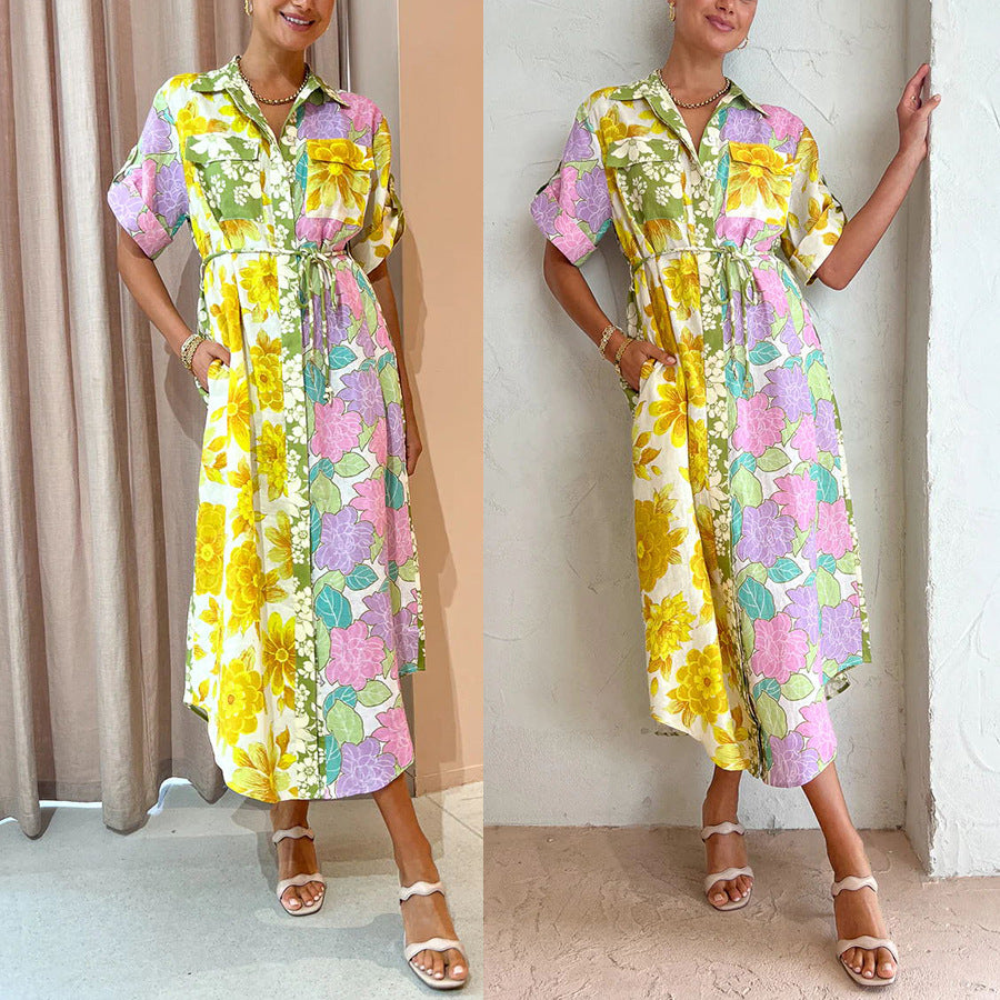 Color Block Floral Print Buttons Down Midi Dress