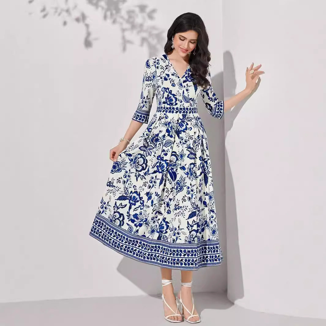 Blue V-neck Half Sleeves Floral Maxi Dress