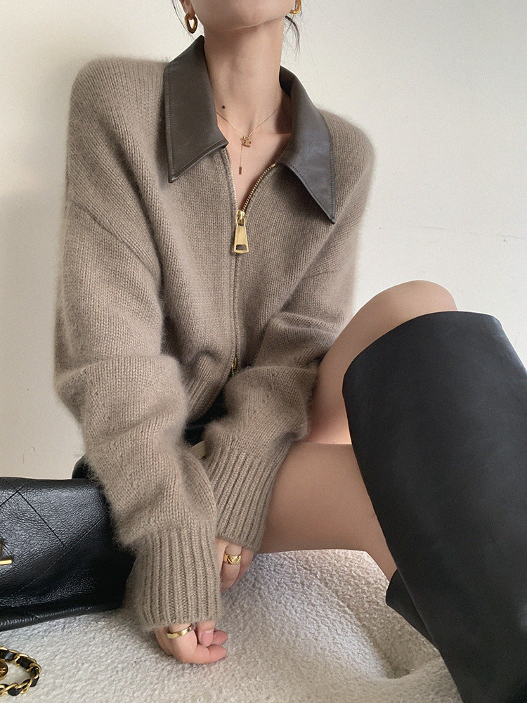 Collar Zipper Long Sleeve Knit Cardigan