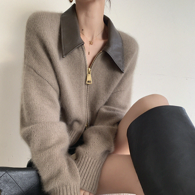 Collar Zipper Long Sleeve Knit Cardigan