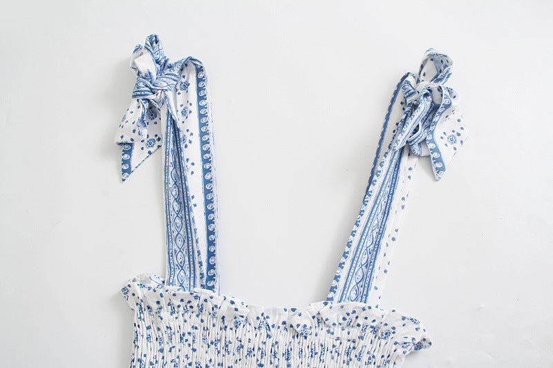 Blue Straps Printed Smocked Midi Dress